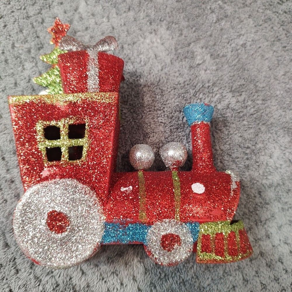 Metal Train‎ Locomotive Engine Christmas Ornament Decoration Glitter Green Red